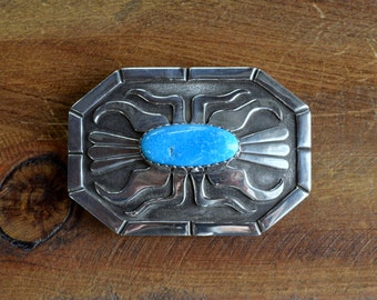 Vintage Overlay Sterling Silver Turquoise Belt Buckle