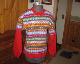 Vtg Marceau Wool Nordic Red sweater made in Minnesota Vtg Fair of Isle Ski sweater pull over small with free ship