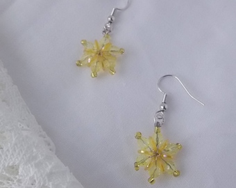 Yellow Waterlily Flower Snowflake Beaded Earrings, Opus 50