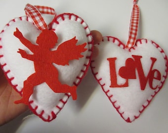 Love and Cupid Heart Valentine Ornaments-Valentine Fabric Ornaments-Valentine Decor-Valentine's Day Decor-Felt Valentine Ornaments