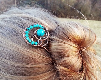 Statement hair jewelry - Rustic green copper hair pin or stick - Earthy accessories for women - Hair fascinator - Womens Gift for her