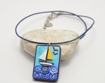 Sailboat in the sea, polymer clay necklace, art necklace, clay necklace, polymer clay jewelry, art jewelry, clay jewellery, clay jewelry