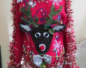 Custom 3-D Reindeer Tacky Ugly Christmas Sweater with Wild Garland, Light up Bow Tie and snowflake Long Sleeve Mens Womens Made to order