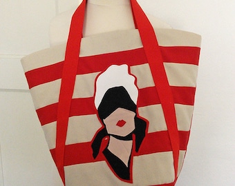 John Willie Bizarre/ Red & Beige Striped/Quilted Cotton Canvas /Tote/Bucket bag.
