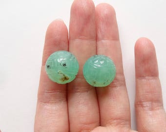 Australian Green Chrysoprase Hand Carved Large 14 mm Rounds with drilled Hole One Pair G6204