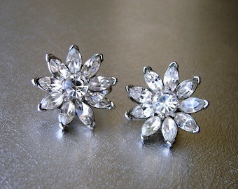 Trifari Marquis Rhinestone Flower Clip Back Earrings Wedding Bridal Formal Vintage Costume Jewelry Pageant Ballroom Prom Floral Flowers