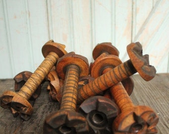 SALE Today Small Vintage Wooden Bobbin Industrial Era Ratcheted Spools Organize Display Home Decor