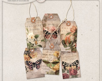 Gift Tags, Bohemian Style, Women Butterfly Gift, Digital Collage Sheet, Instant Download, Printable Hang Tags with Leather Reinforcement
