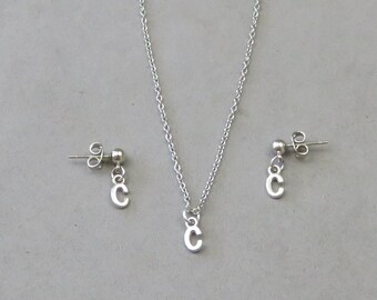 Tiny Initial C Necklace and Earring Set- Gold or Silver Plated
