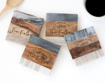 Marble and wood Engraved Coaster Set, Marble Coasters, Engraved Coasters, Personalized Coaster Set, Custom Coaster Set, Custom Wedding Gift