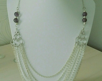 Amethyst semi precious beads and metal chain necklace
