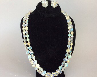 Beautiful Clear Aurora Borealis Crystal Necklace and Clip Earring Set