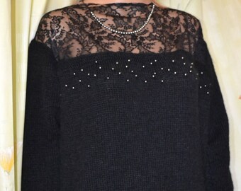 Black angora jewel and Lace Sweater