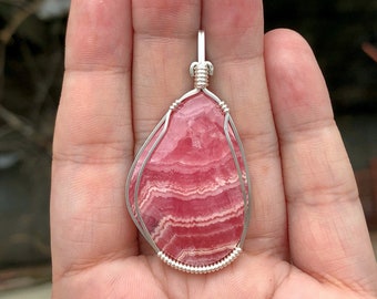 Rhodochrosite pendant, Wire wrapped pendant, Sterling silver, Rhodochrosite necklace, Rhodochrosite jewelry