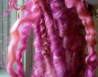 Handspun Tailspun Curly Wensleydale Wool Locks in Pink Art Yarn with Sparkly Ribbon by KnoxFarmFiber for Knitting Weaving Embellishment