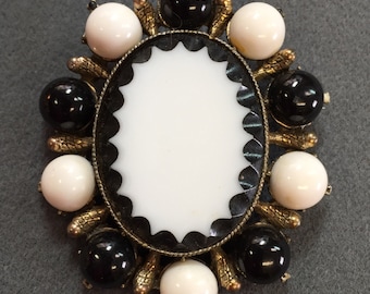 Large Dramatic Black and White Glass Brooch. Free shipping