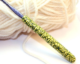 Polymer clay crochet hook, Susan Bates size F/5 or 3.75mm, handmade yellow and green design