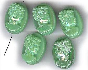 vintage CAMEO BEADS amazing minty green 1940s plastic raised cameo beads FIVE beads shabby chic retro beads bridal findings