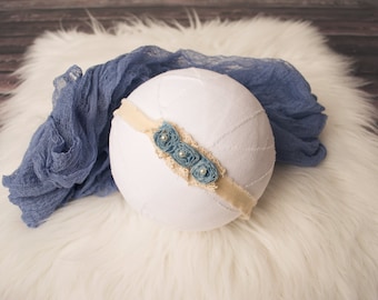 Blue Baby Headband, Denim Tieback, Newborn Headband, Newborn Tieback, Baby Tieback