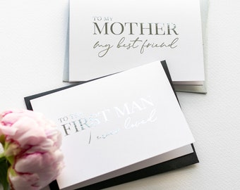 Wedding Card to Your Mom & Dad - Mother of the Bride - Cards from Daughter - First Man I Ever Loved Father - Classy Silver Foil (Set of 2)