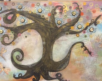 curly tree, whimsical tree, whimsical mixed media tree, mixed media painting of tree, curly tree painting, angiartstudio, tree wll art