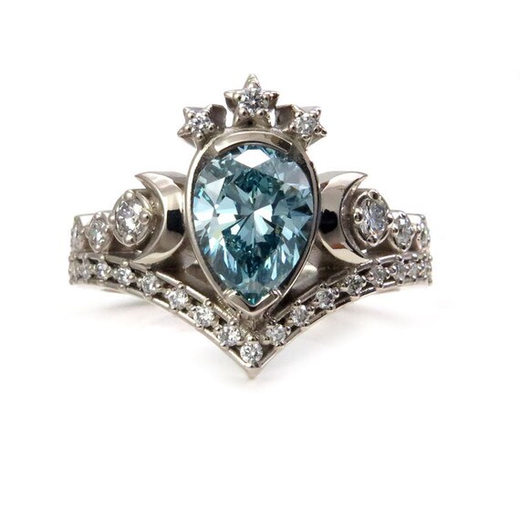 Blue Diamond Lunar Priestess Engagement Ring - Irradiated Blue Pear Diamond with White Diamonds - 14k Palladium White Gold - Size 6-8