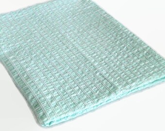 Vintage Cotton Fabric-Retro 70's Seersucker Fabric-Pastel Mint Green with Fine White Stripe