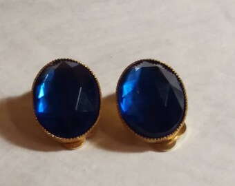 Vintage Royal Blue Crystal Clip On Earrings with sapphire large crystals earrings golden clips trinkets set Soviet era custome jewelries