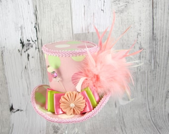 Pink, Green, and White Polka Dot Empress Collection Large Mini Top Hat Fascinator, Alice in Wonderland, Mad Hatter Tea Party, , Derby