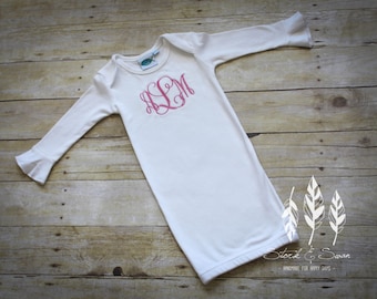 Monogram Baby Gown, Monogram Infant Gown, Baby Girl Gift, Gift Set, Bib, Burp Cloth, Ruffle Gown