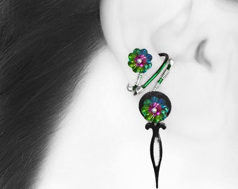 Swarovski Crystal Steampunk Ear Cuff, No Piercing Cartilage Earring, Crystal Ear Cuff, Vitrail Medium Swarovski Crystals, Poine III v5