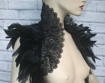 GOTHIC BLACK FEATHER and lace shrug, Halloween feather shrug, victorian, pagan, witch, feather boa, shrug, bolero, shawl, burlesque wrap
