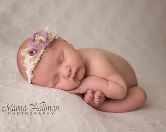 Newborn Lilac/Lavender Tieback, Baby Headband, Flower Girl Headband, Newborn Tieback, Newborn Headband, Purple Tieback, Newborn Photo Prop