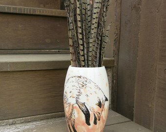 Golden Fox and Mouse, Ceramic Art Vase White Pink and Gold Woodland One of a Kind Home Decor, Handmade Artisan Pottery by Licia Lucas Pfadt