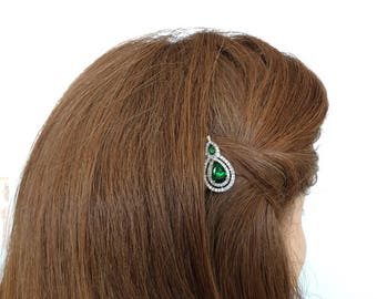 Emerald Green Hair Pins Crystal Hair Pin Victorian Emerald Green Rhinestone Jewelry Antique White Gold Emerald Bobby Pin Bridal Bobby Pin
