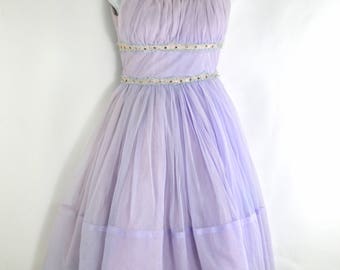 1950s Lavender Sleeveless Chiffon Full Skirt Party Dress, Clear Rhinestone Accent