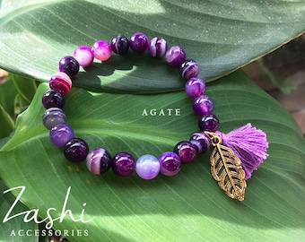 Purple Agate Bracelet with Gold Feather Charm