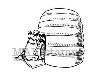 Bee stamp / Bee sweeping in front of beehive / Unmounted rubber stamp or cling stamp option (131012)