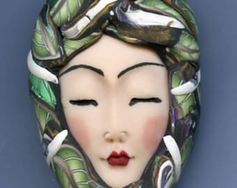 Polymer Clay OOAK Detailed Asian Art Doll Face with Faux Fabric Clay hat Cab ASN 8