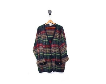 SPRING 20 SALE Vintage 90s Oversized GRUNGE Granny Slouchy Knit Tartan Plaid Button Up Cardigan Sweater L-2X vestiesteam preppy indie hipste