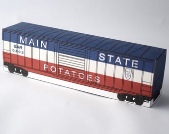 Boxcar Paper Craft Activity "B&R" ; model train kids party project simple fun diy kit for boys red blue easy thing to do paper toy