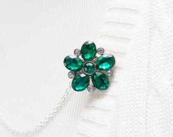 Emerald Green Rhinestone Sweater Clip - Flower