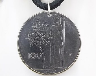 1977 Italian Coin Necklace, 100 Lire, Mens Necklace, Womens Necklace, Coin Pendant, Leather Cord, Vintage