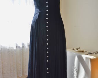 90s vintage black rayon maxi dress button down S