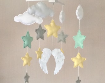 Baby mobile - Baby girl mobile - Cot mobile - Angel wings, clouds and stars mobile - Cloud Mobile - Nursery Decor - Clouds and stars