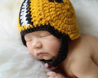 New Orleans Saints Inspired Crochet Baby Football Helmet Hat with Embroidered Logo- Newborn, 0-3 Months, 3-6 Months, 6-12 Months