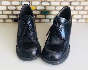90s Black Leather Brogues Chunky Heels Round Toe Shoes size 8 38 39 Steve Madden