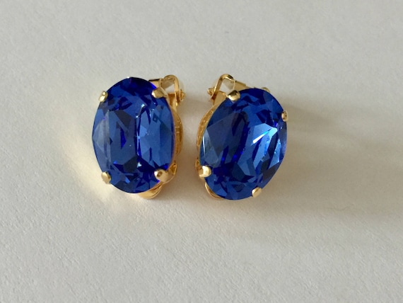 Oval Sapphire Swarovski Crystal Clip On Earrings, Yellow Gold