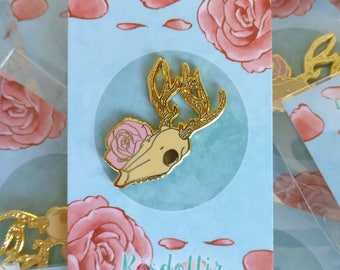 Deer Skull & Rose 30mm Enamel Pin Badge