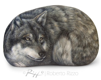 Wolf Hand Painted Stone | Rock Painting Art by the Artist Roberto Rizzo